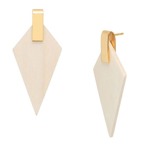 White wood and gold plate triangular drop earrings