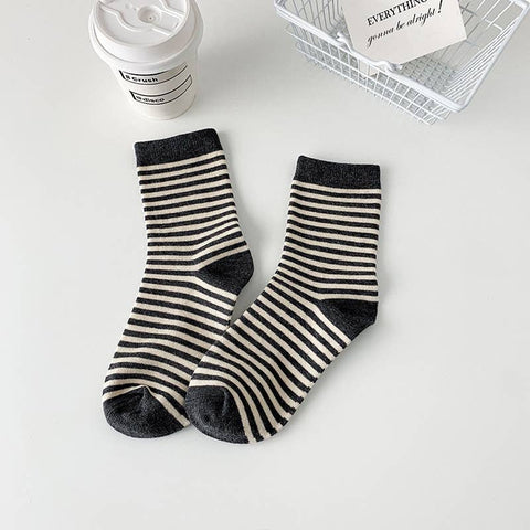 Zebra Stripe Socks - Knitted Cotton Crew Socks For Women